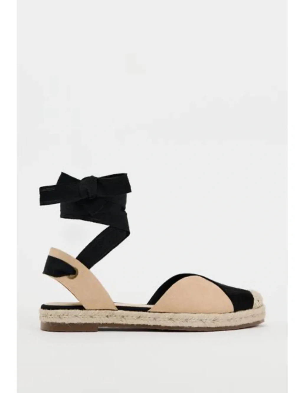 Zara Combination Tied Jute Espadrilles Black Beige Ankle Tie